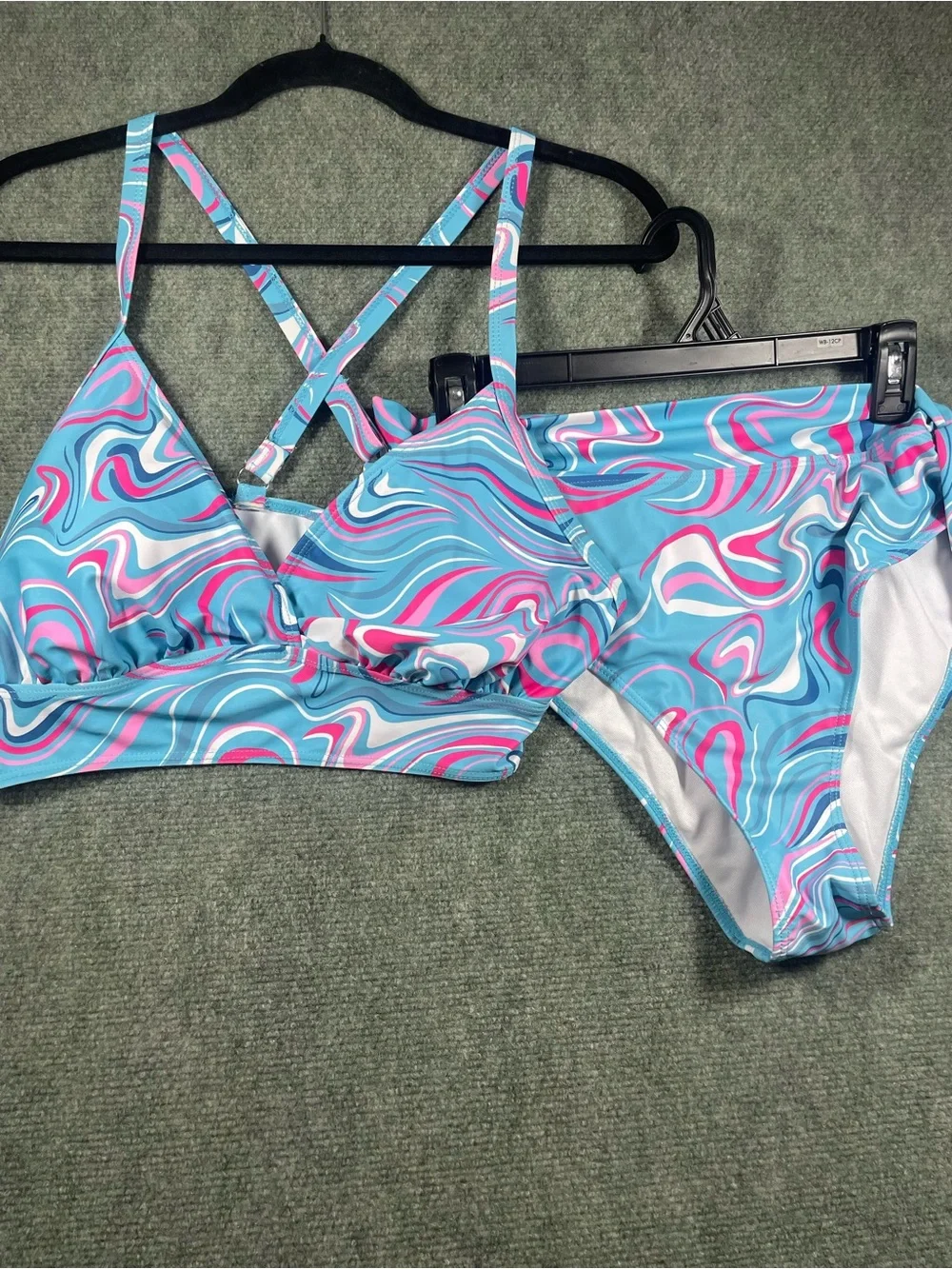 Women's Blue Swirl Print Bikini Set - Pink & White Accents